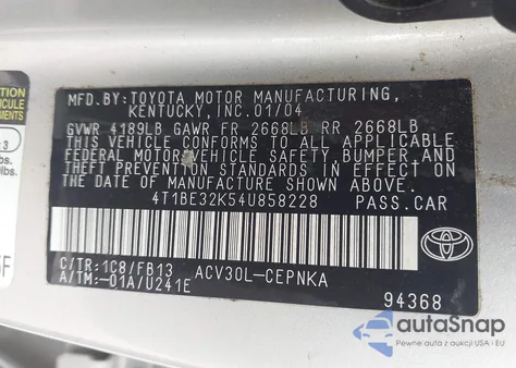 2004 Toyota Camry Le z USA, uszkodzony, nr VIN 4T1BE32K54U858228